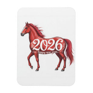 Happy New Year 2026 Card Red Horse Illustration Magnet