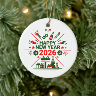 Happy New Year 2026 Celebration Ceramic Tree Decoration