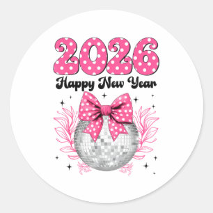 Happy New Year 2026 Coquette Bow &amp; Disco Ball  Classic Round Sticker