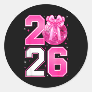 Happy New Year 2026 Coquette Bow & Disco Ball Classic Round Sticker