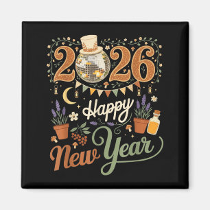 Happy New Year 2026 Cottagecore Disco Mushroom Nat Magnet