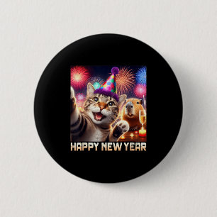 Happy New Year 2026 Cute Cat Capybara Party Art  6 Cm Round Badge