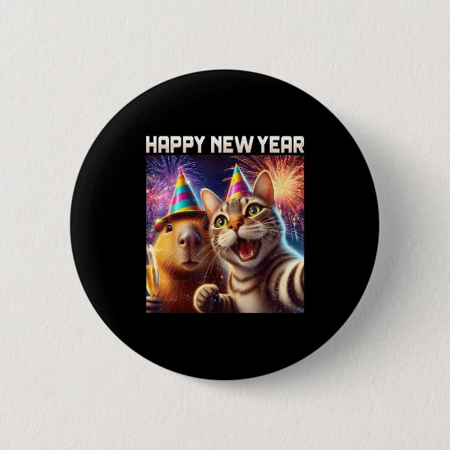 Happy New Year 2026 Cute Cat Capybara Party Art  6 Cm Round Badge (Front)