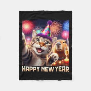 Happy New Year 2026 Cute Cat Capybara Party Art  Fleece Blanket