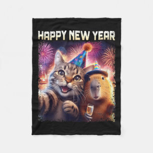 Happy New Year 2026 Cute Cat Capybara Party Art  Fleece Blanket