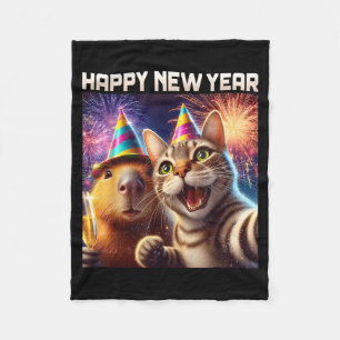 Happy New Year 2026 Cute Cat Capybara Party Art  Fleece Blanket