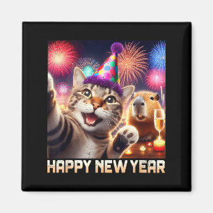 Happy New Year 2026 Cute Cat Capybara Party Art  Magnet