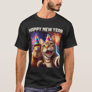 Happy New Year 2026 Cute Cat Capybara Party Art  T-Shirt