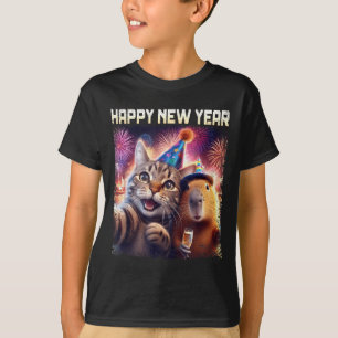Happy New Year 2026 Cute Cat Capybara Party Art  T-Shirt