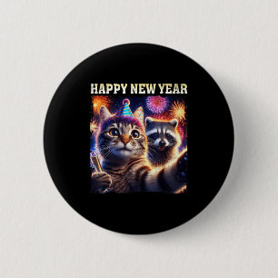 Happy New Year 2026 Cute Cat Raccoon Celebration  6 Cm Round Badge