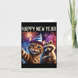 Happy New Year 2026 Cute Cat Raccoon Celebration Card