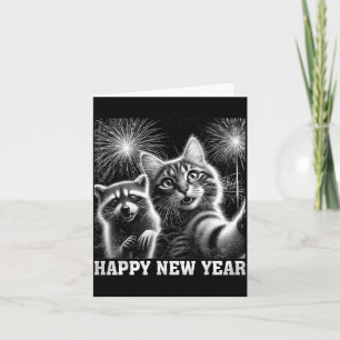 Happy New Year 2026 Cute Cat Raccoon Celebration  Card