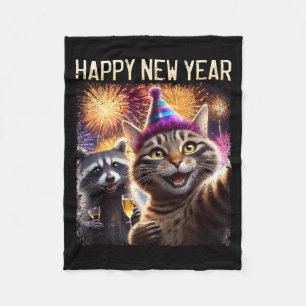 Happy New Year 2026 Cute Cat Raccoon Celebration  Fleece Blanket