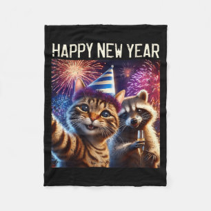 Happy New Year 2026 Cute Cat Raccoon Celebration  Fleece Blanket