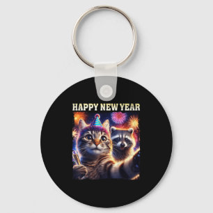 Happy New Year 2026 Cute Cat Raccoon Celebration  Key Ring