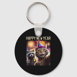 Happy New Year 2026 Cute Cat Raccoon Celebration  Key Ring