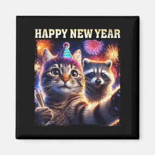 Happy New Year 2026 Cute Cat Raccoon Celebration  Magnet
