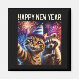 Happy New Year 2026 Cute Cat Raccoon Celebration  Magnet