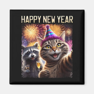 Happy New Year 2026 Cute Cat Raccoon Celebration  Magnet