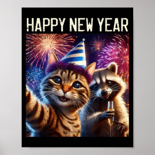 Happy New Year 2026 Cute Cat Raccoon Celebration  Poster