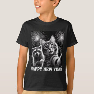 Happy New Year 2026 Cute Cat Raccoon Celebration  T-Shirt