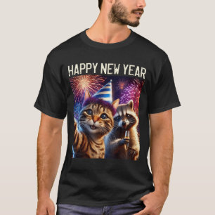 Happy New Year 2026 Cute Cat Raccoon Celebration  T-Shirt