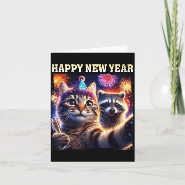 Happy New Year 2026 Cute Cat Racoon Celebration  Card (Front)