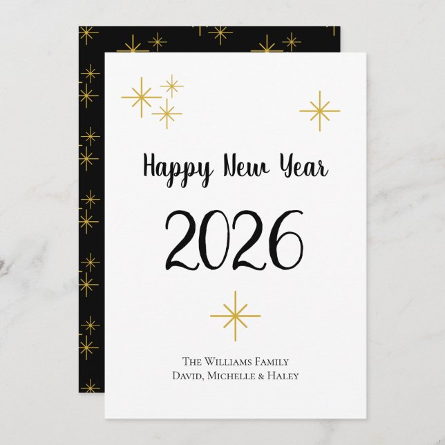 Happy New Year 2026 Cute Typography Black Gold Holiday Card (Front/Back)