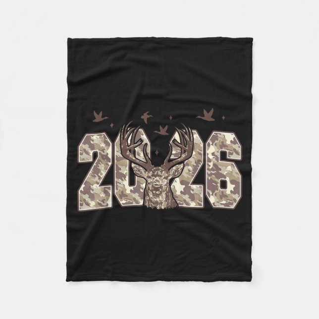 Happy New Year 2026 Deer Buck Hunting Camo Camoufl Fleece Blanket (Front)