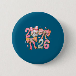 Happy New Year 2026 Disco Ball Coquette Bow New Ye 6 Cm Round Badge