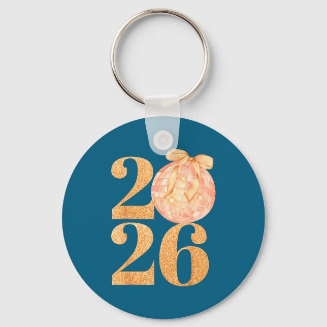 Happy New Year 2026 Disco Ball Coquette Bow New Ye Key Ring (Front)