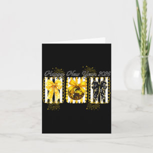 Happy New Year 2026 Disco Ball Gold Coquette Bow F Card