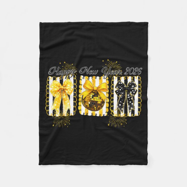 Happy New Year 2026 Disco Ball Gold Coquette Bow F Fleece Blanket (Front)