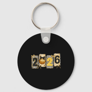Happy New Year 2026 Disco Ball Gold Coquette Bow F Key Ring
