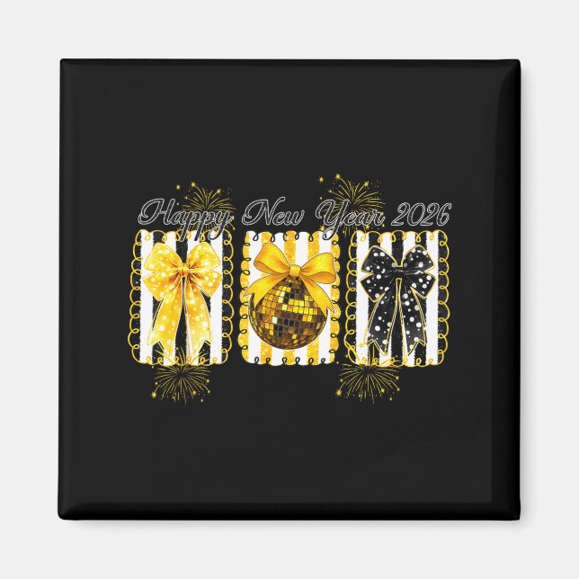 Happy New Year 2026 Disco Ball Gold Coquette Bow F Magnet (Front)