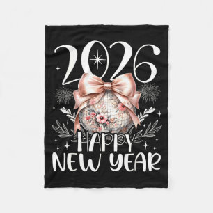 Happy New Year 2026 Disco Cute Bow Flower New Year Fleece Blanket