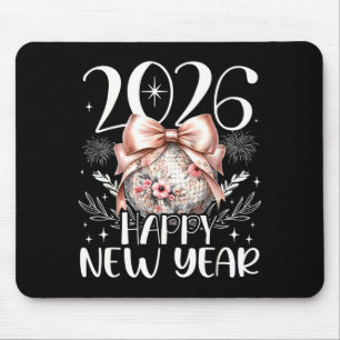 Happy New Year 2026 Disco Cute Bow Flower New Year Mouse Pad