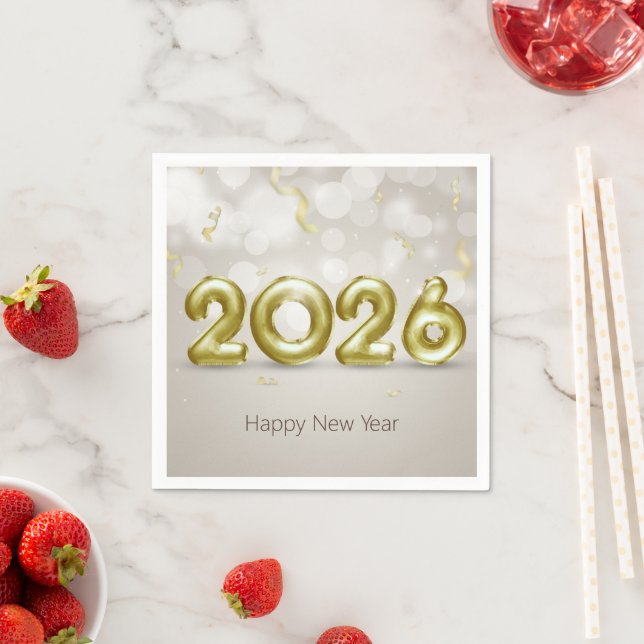 Happy New Year 2026 Elegant Gold Foil Balloons Napkin (Insitu)