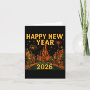 Happy New Year 2026 Fantasy Castle Fireworks Night Card