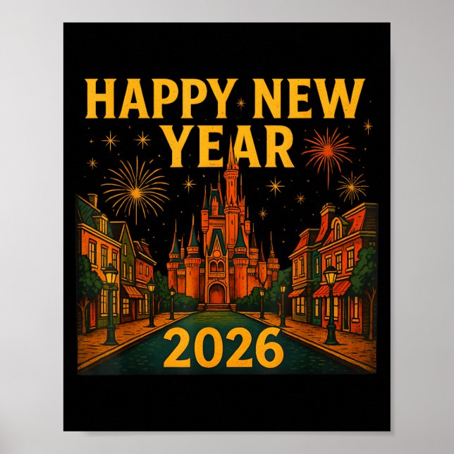 Happy New Year 2026 Fantasy Castle Fireworks Night Poster (Front)