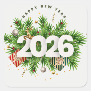 Happy New Year 2026 Festive Christmas Greenery Des Square Sticker