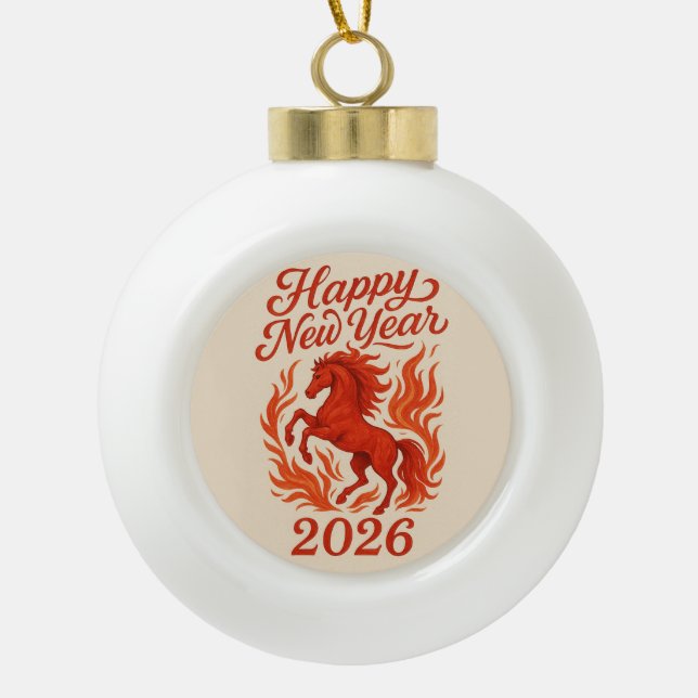 Happy New Year 2026 Fiery Horse Ceramic Ball Christmas Ornament (Front)