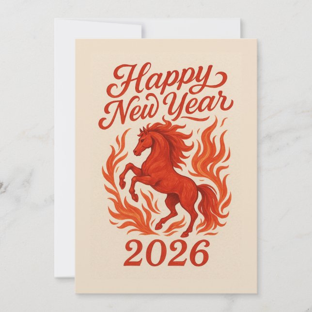 Happy New Year 2026 Fiery Horse Holiday Card (Front)