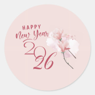Happy New Year 2026 Floral Pink Round Sticker