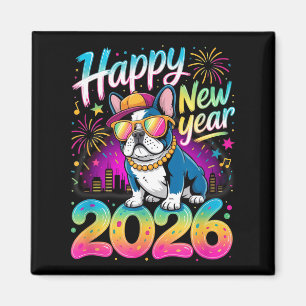 Happy New Year 2026 French Bulldog Fireworks Party Magnet