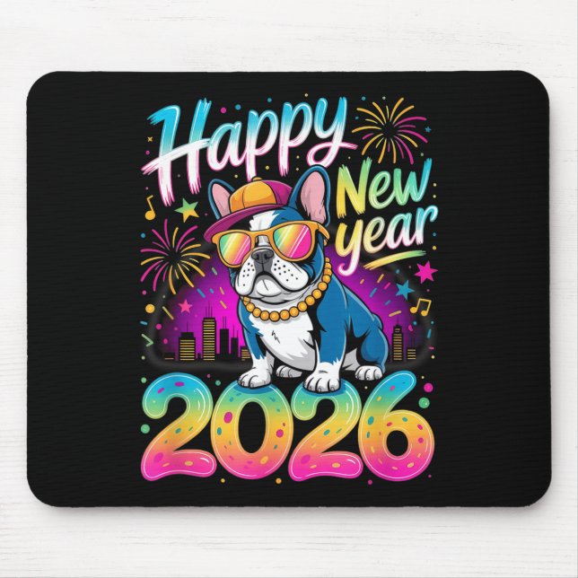 Happy New Year 2026 French Bulldog Fireworks Party Mouse Pad (Front)