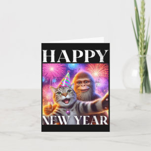 Happy New Year 2026 Funny Cat Bigfoot Party Art Card