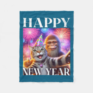 Happy New Year 2026 Funny Cat Bigfoot Party Art  Fleece Blanket