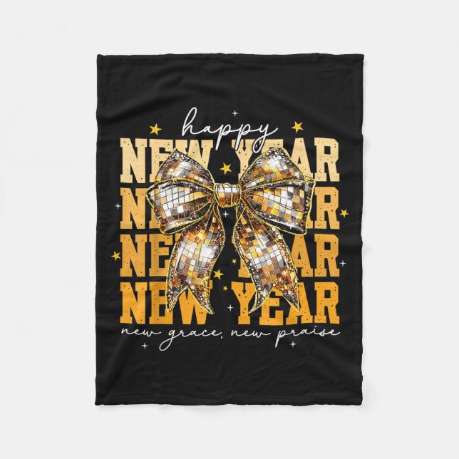 Happy New Year 2026 Gold Coquette Bow Disco Ball C Fleece Blanket (Front)