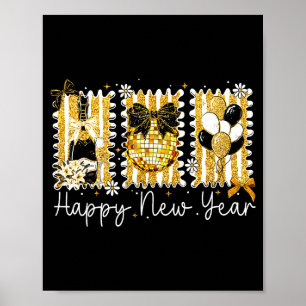 Happy New Year 2026 Gold Coquette Bow Disco Ball C Poster